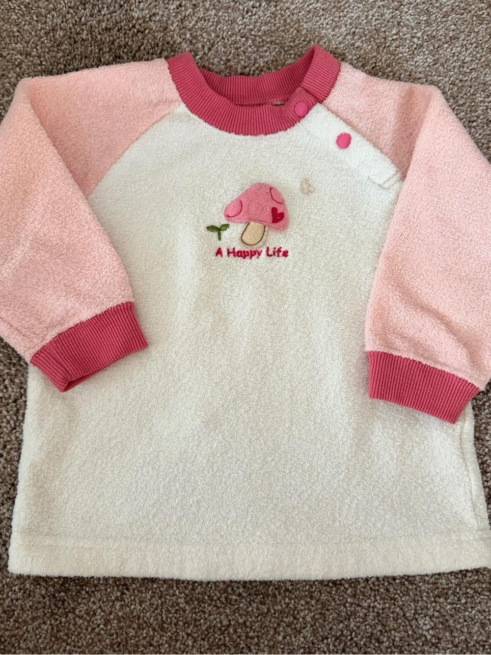 Pink & Cream toddler top - 'A Happy Life' Embroidered Mushroom 90cm